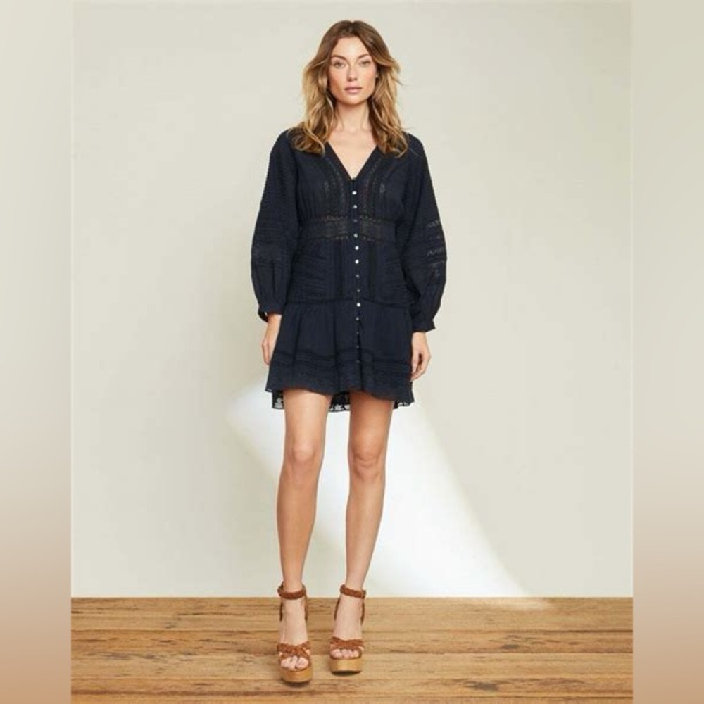 Veronica Beard Addilyn Long Sleeve Pintuck V-Neck Mini Dress in Navy Size 6 NWT